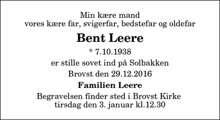 Dødsannoncen for Bent Leere - Brovst