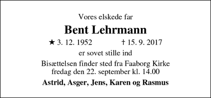 Dødsannoncen for Bent Lehrmann - Faaborg