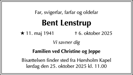 Dødsannoncen for Bent Lenstrup - Copenhagen Ø