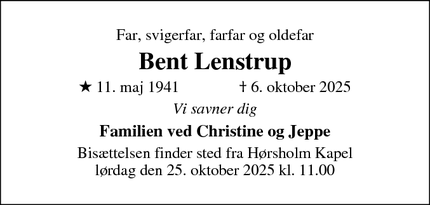 Dødsannoncen for Bent Lenstrup - Copenhagen Ø