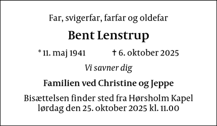Dødsannoncen for Bent Lenstrup - Copenhagen Ø