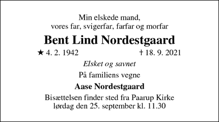 Dødsannoncen for Bent Lind Nordestgaard - Odense 