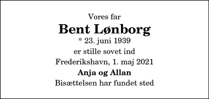 Dødsannoncen for Bent Lønborg - Frederikshavn