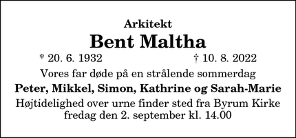 Dødsannoncen for Bent Maltha - Aalborg