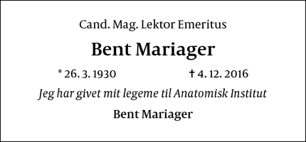 Dødsannoncen for Bent Mariager - Fredensborg