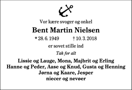 Dødsannoncen for Bent Martin Nielsen - Esbjerg