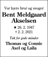 Dødsannoncen for Bent Meldgaard
Akselsen - Henne