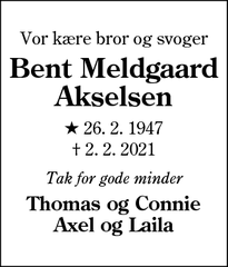 Dødsannoncen for Bent Meldgaard
Akselsen - Henne