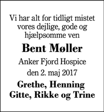 Dødsannoncen for Bent Møller - Vildbjerg