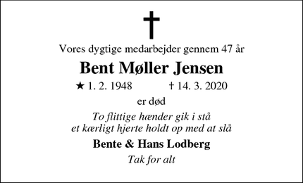 Dødsannoncen for Bent Møller Jensen - Ringkøbing