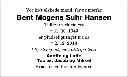 Dødsannoncen for Bent Mogens Suhr Hansen - Rønnede