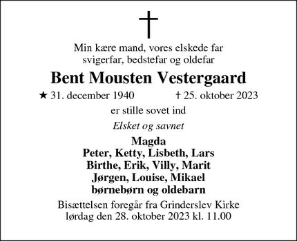 Dødsannoncen for Bent Mousten Vestergaard - Aarhus C
