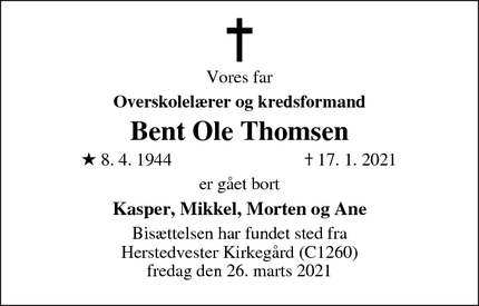 Dødsannoncen for Bent Ole Thomsen - Albertslund