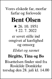 Dødsannoncen for Bent Olsen - Roskilde