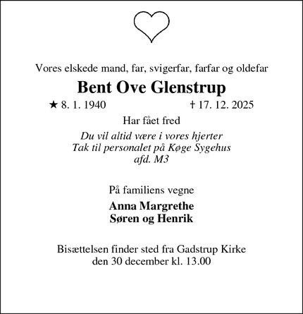 Dødsannoncen for Bent Ove Glenstrup - Gadstrup 