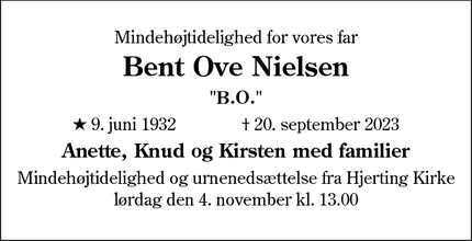 Dødsannoncen for Bent Ove Nielsen - Esbjerg