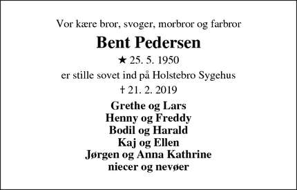 Dødsannoncen for Bent Pedersen - Nørre Felding