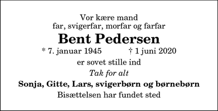 Dødsannoncen for Bent Pedersen - Brønderslev