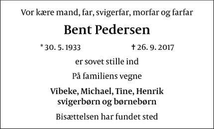 Dødsannoncen for Bent Pedersen - Odense