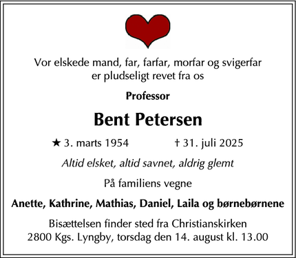 Dødsannoncen for Bent Petersen - Kongens Lyngby