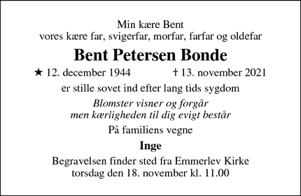 Dødsannoncen for Bent Petersen Bonde - Emmerlev