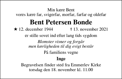 Dødsannoncen for Bent Petersen Bonde - Emmerlev