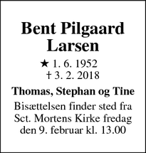 Dødsannoncen for Bent Pilgaard Larsen - Randers NØ