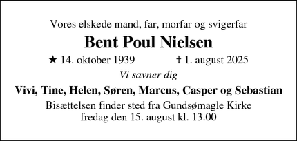 Dødsannoncen for Bent Poul Nielsen - Gundsømagle