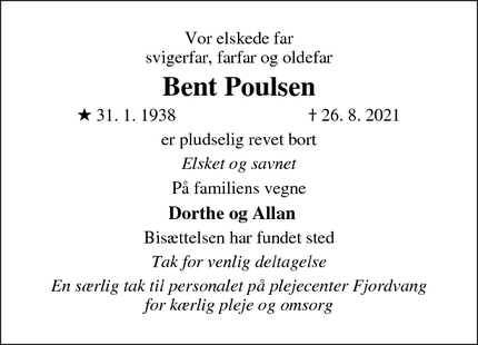 Dødsannoncen for Bent Poulsen - Mariager