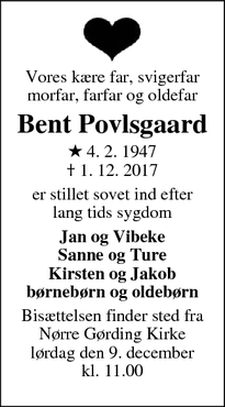 Dødsannoncen for Bent Povlsgaard - Tarm
