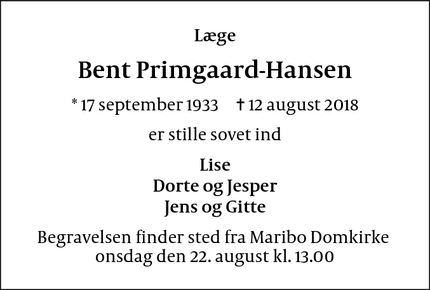 Dødsannoncen for Bent Primgaard-Hansen - Maribo