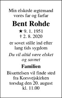 Dødsannoncen for Bent Rohde - Amager
