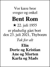 Dødsannoncen for Bent Rom - Thyborøn