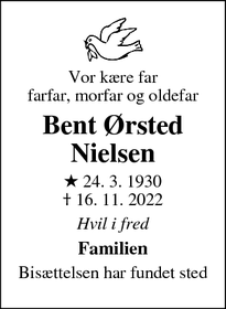 Dødsannoncen for Bent Ørsted
Nielsen - Kolding