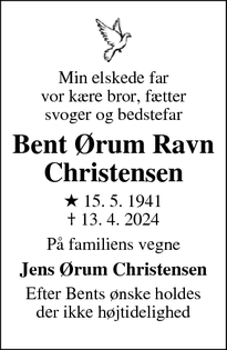 Dødsannoncen for Bent Ørum
Ravn
Christensen - Husum