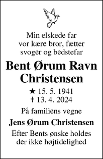 Dødsannoncen for Bent Ørum
Ravn
Christensen - Husum