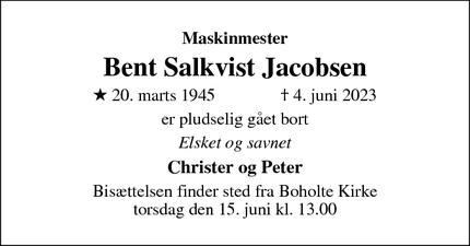 Dødsannoncen for Bent Salkvist Jacobsen - Køge