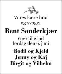 Dødsannoncen for Bent Sønderkjær - Vorgod