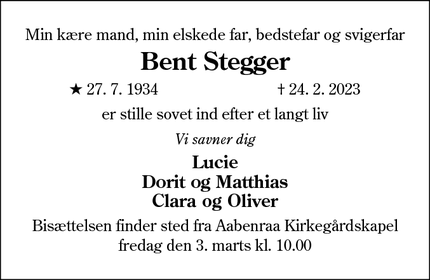 Dødsannoncen for Bent Stegger - Aabenraa
