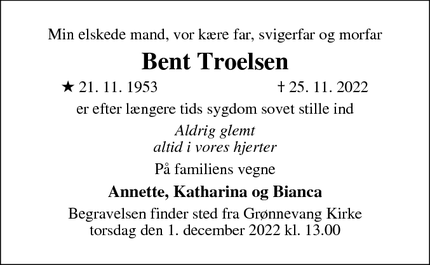 Dødsannoncen for Bent Troelsen - Hillerød