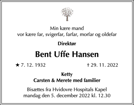 Dødsannoncen for Bent Uffe Hansen - Taastrup