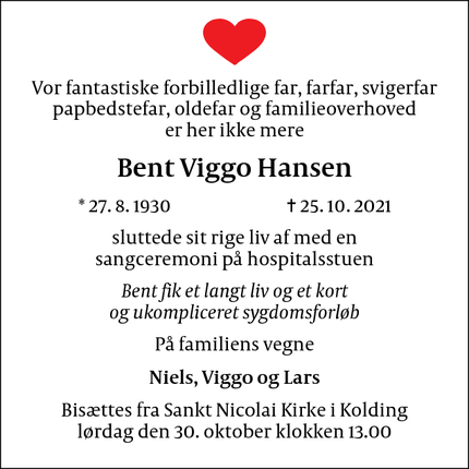 Dødsannoncen for Bent Viggo Hansen - Kolding