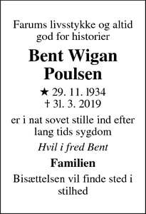 Dødsannoncen for Bent Wigan Poulsen - Farum