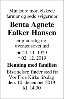 Dødsannoncen for Benta Agnete Falker Hansen - Mårslet