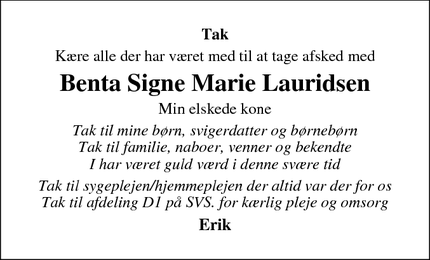 Taksigelsen for Benta Signe Marie Lauridsen - Billum 