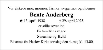 Dødsannoncen for Bente Anderberg - Haslev