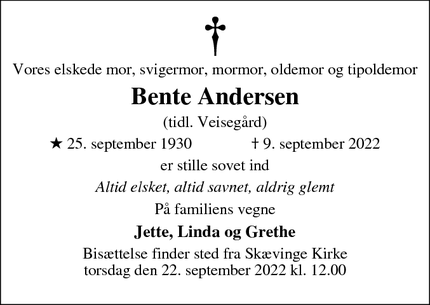 Dødsannoncen for Bente Andersen - Skævinge