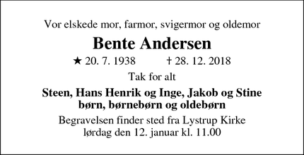 Dødsannoncen for Bente Andersen - Lystrup