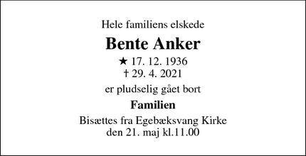 Dødsannoncen for Bente Anker - Espergærde