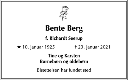 Dødsannoncen for Bente Berg - København